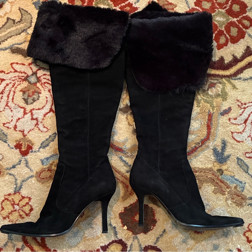 Over knee/knee high Black suede Boots with faux Fur Trim